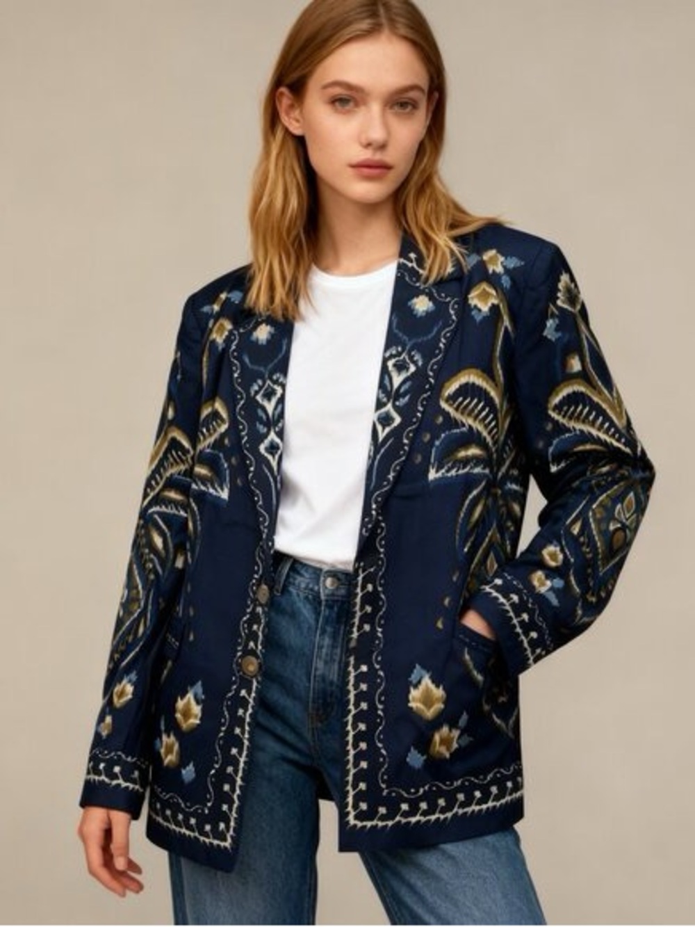 Farm Rio unisex Blue Pineapple Ikat Blazer Size L 100% Cotton